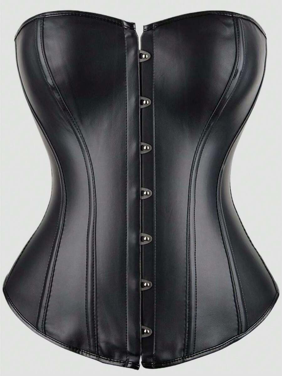 Blue satin bustier corset with front closure, back lace-up detail, and boned shaping for a retro-inspired party look.
