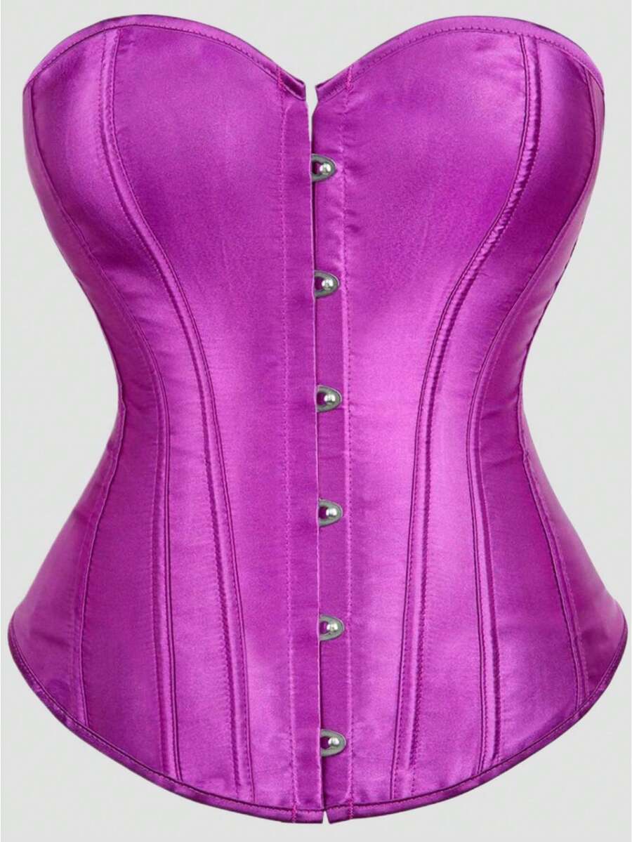 Blue satin bustier corset with front closure, back lace-up detail, and boned shaping for a retro-inspired party look.