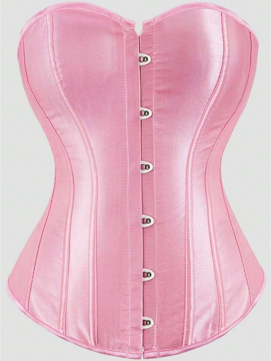 Blue satin bustier corset with front closure, back lace-up detail, and boned shaping for a retro-inspired party look.