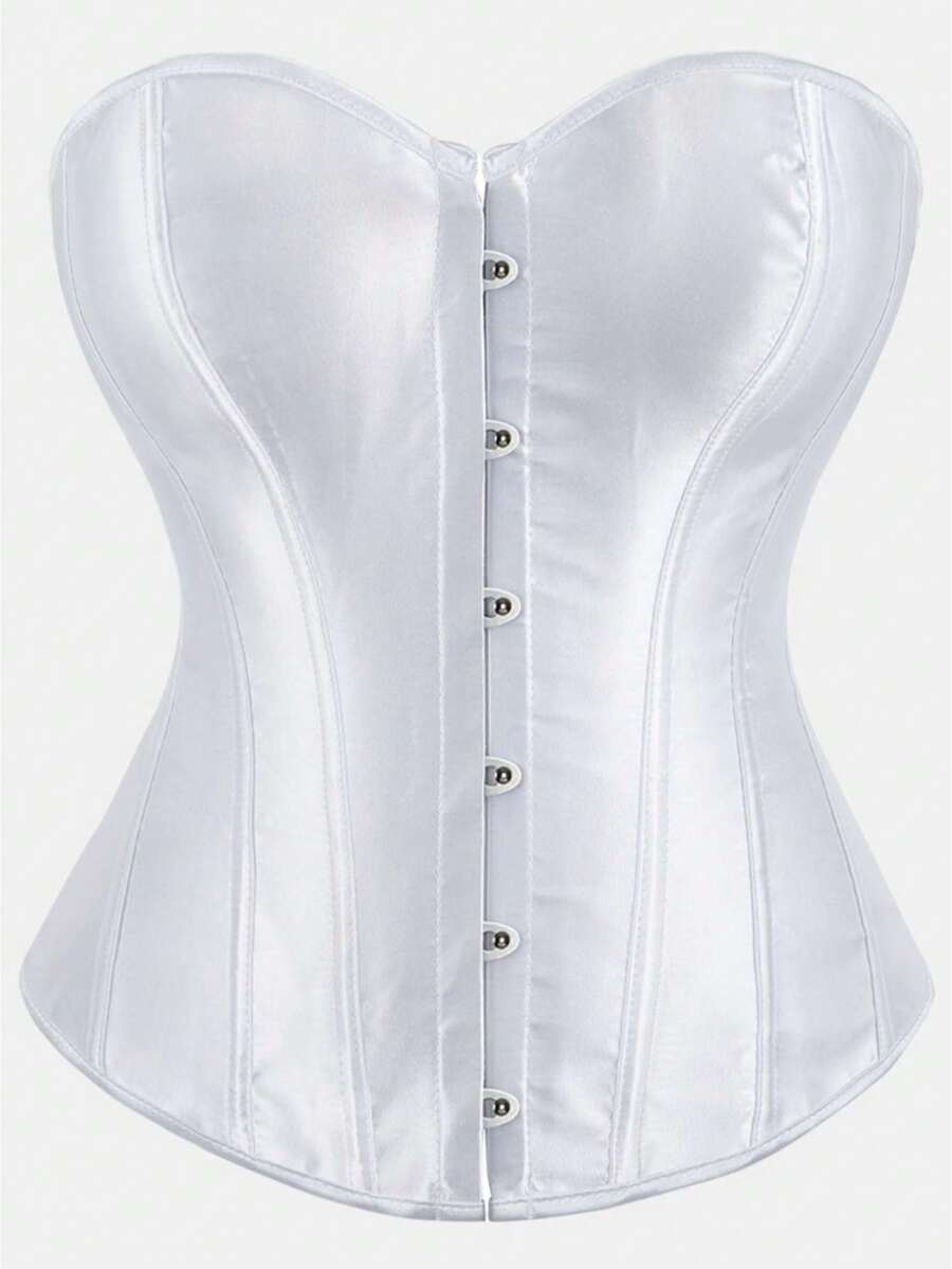 Blue satin bustier corset with front closure, back lace-up detail, and boned shaping for a retro-inspired party look.