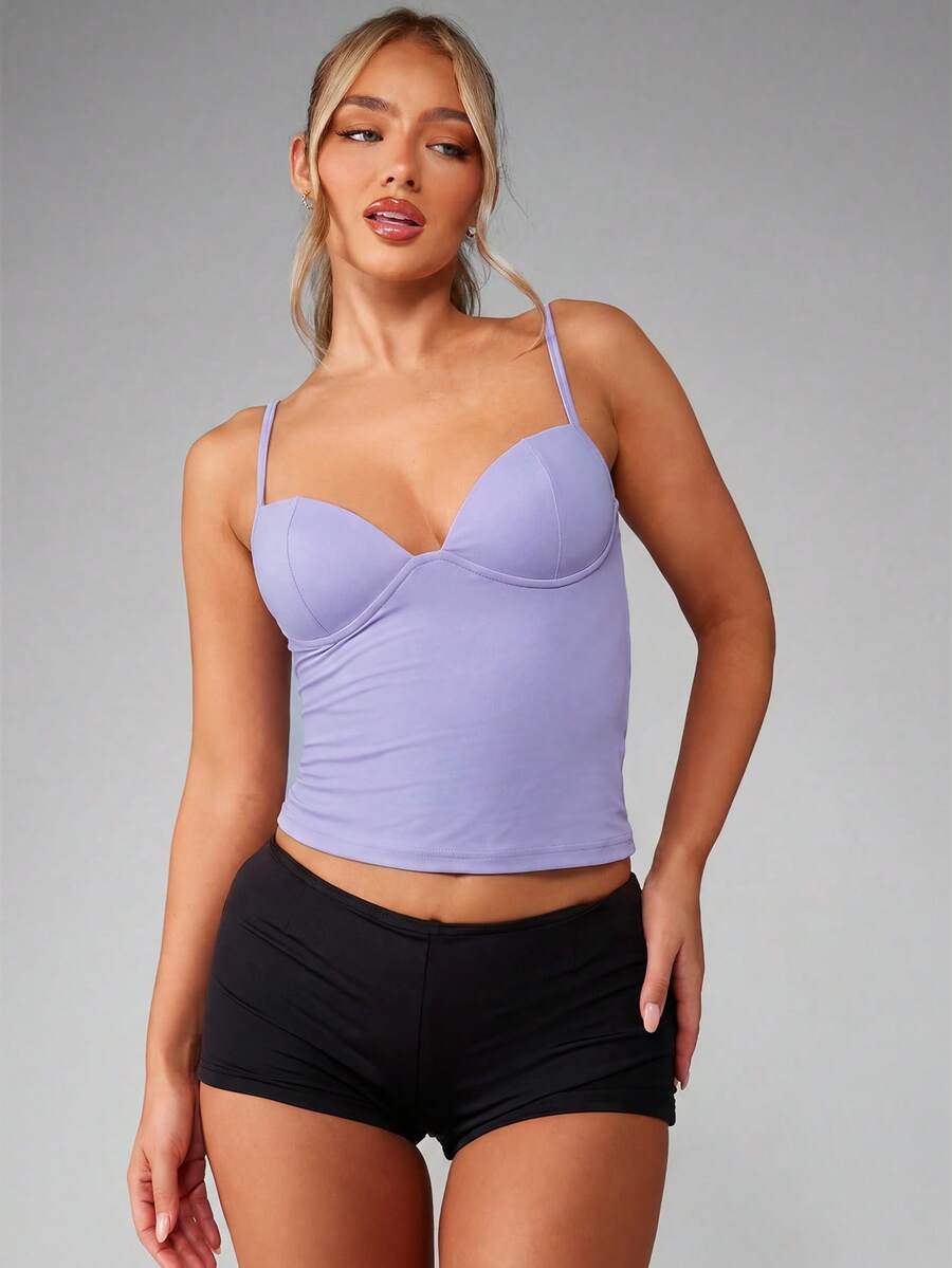 Women’s plain backless cami top with spaghetti straps and a slim fit, designed in high-stretch knitted fabric for casual beach and vacation wear.