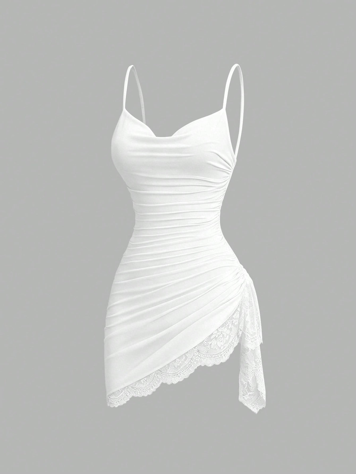 Women's coffee cowl neck cami dress with contrast lace patchwork, spaghetti straps, and an asymmetrical hem.