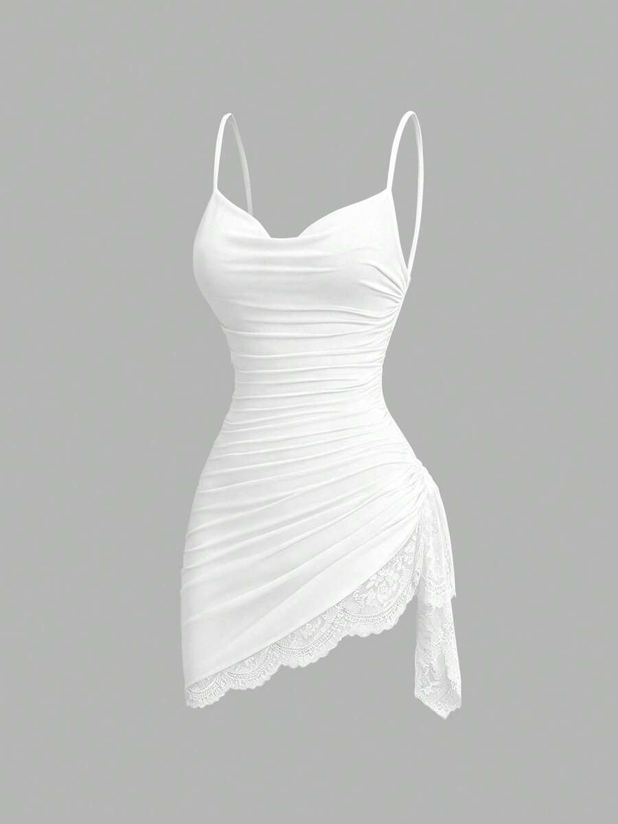 Women's coffee cowl neck cami dress with contrast lace patchwork, spaghetti straps, and an asymmetrical hem.