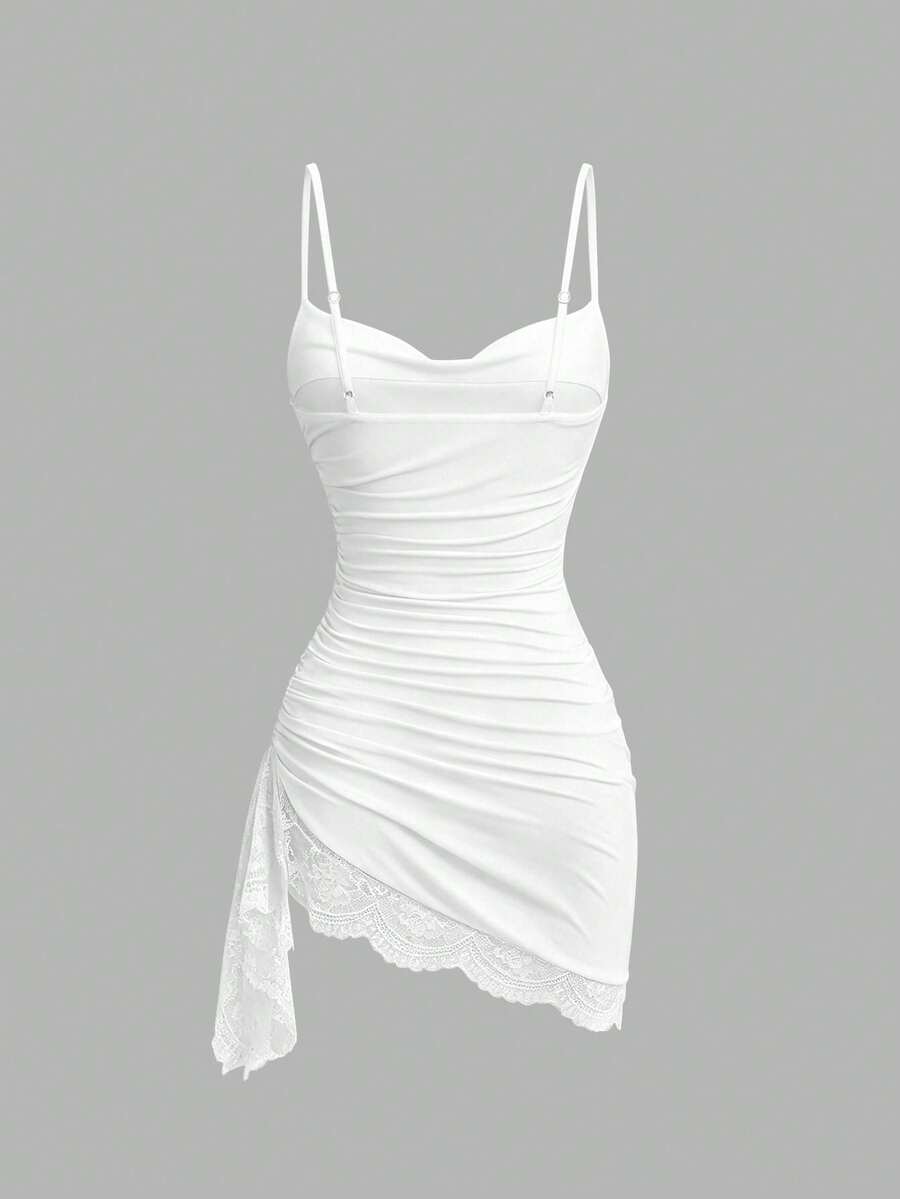 Women's coffee cowl neck cami dress with contrast lace patchwork, spaghetti straps, and an asymmetrical hem.