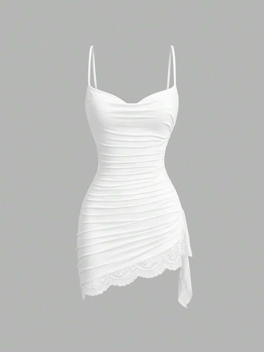 Women's coffee cowl neck cami dress with contrast lace patchwork, spaghetti straps, and an asymmetrical hem.