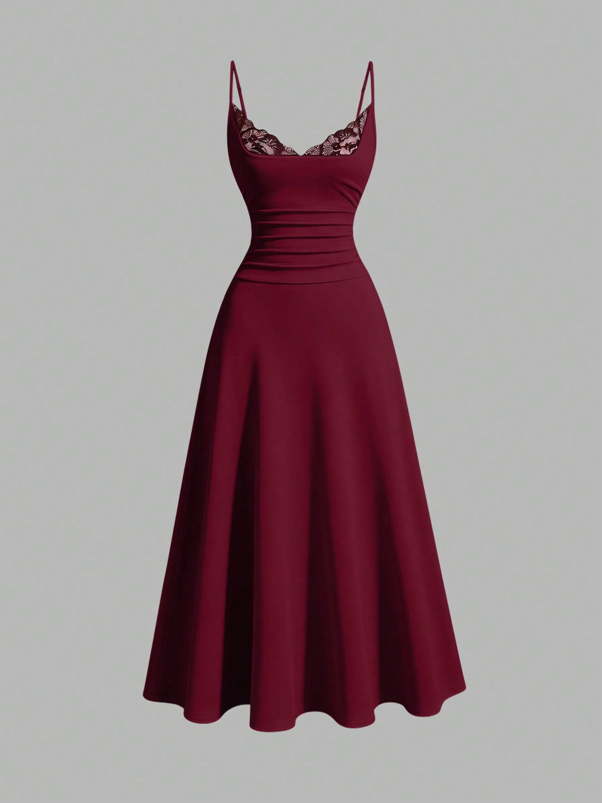 Apricot sleeveless lace patchwork midi dress for women with spaghetti straps and a high-waisted flared skirt.