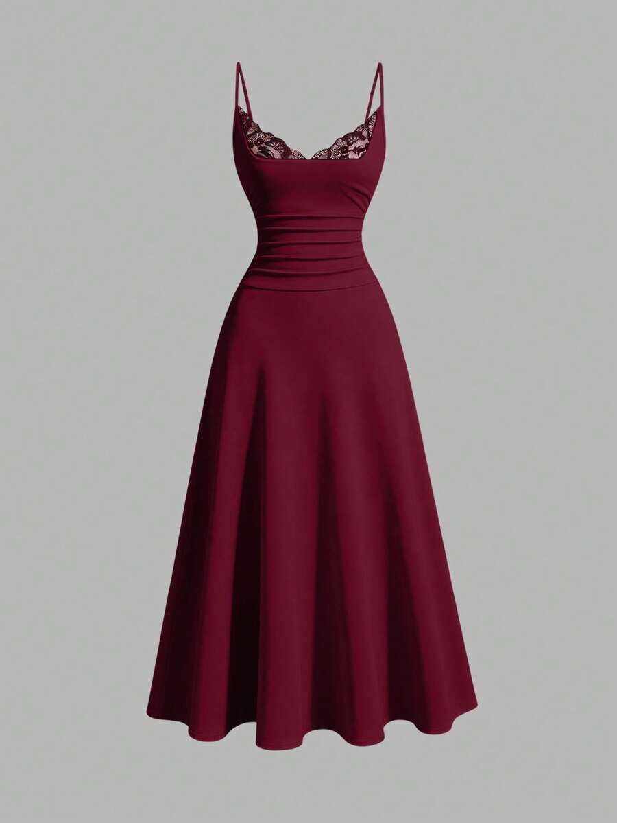 Apricot sleeveless lace patchwork midi dress for women with spaghetti straps and a high-waisted flared skirt.