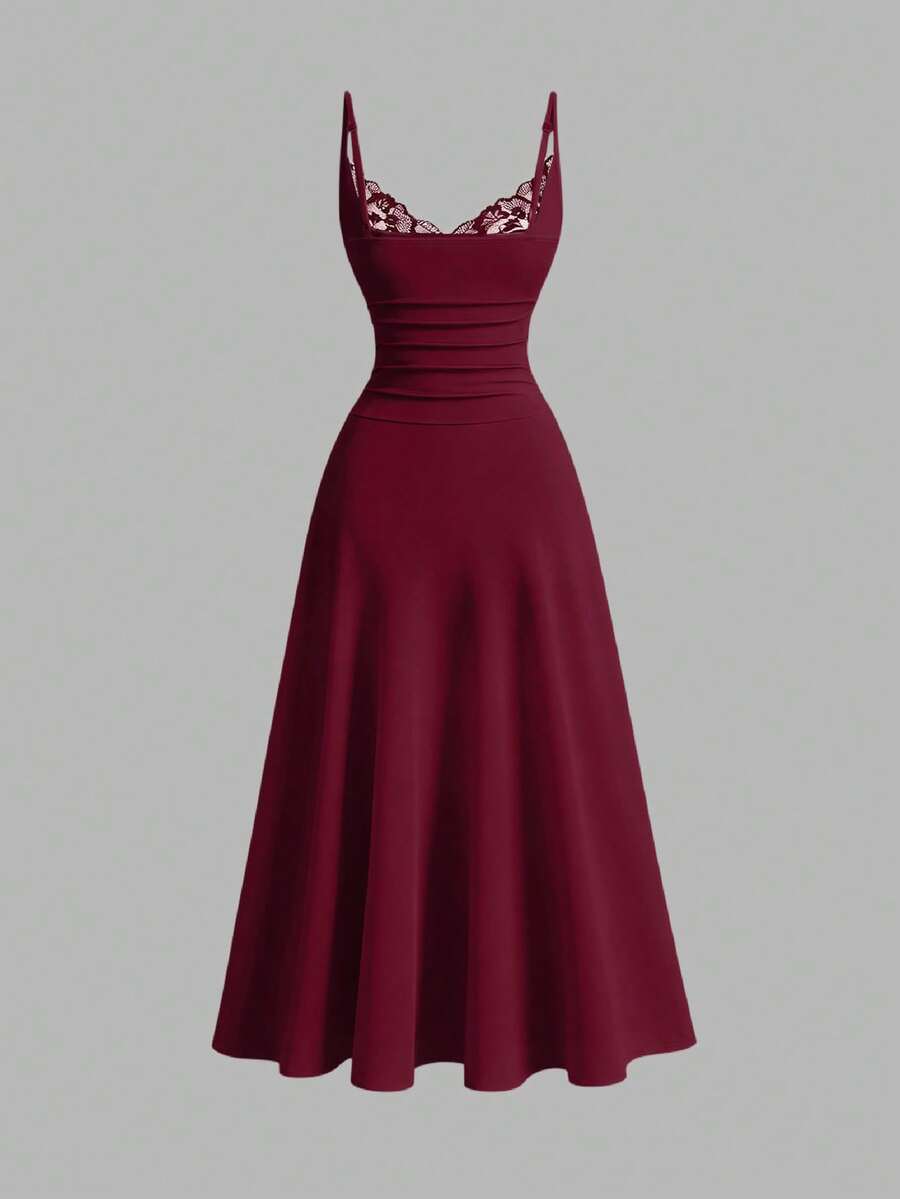 Apricot sleeveless lace patchwork midi dress for women with spaghetti straps and a high-waisted flared skirt.