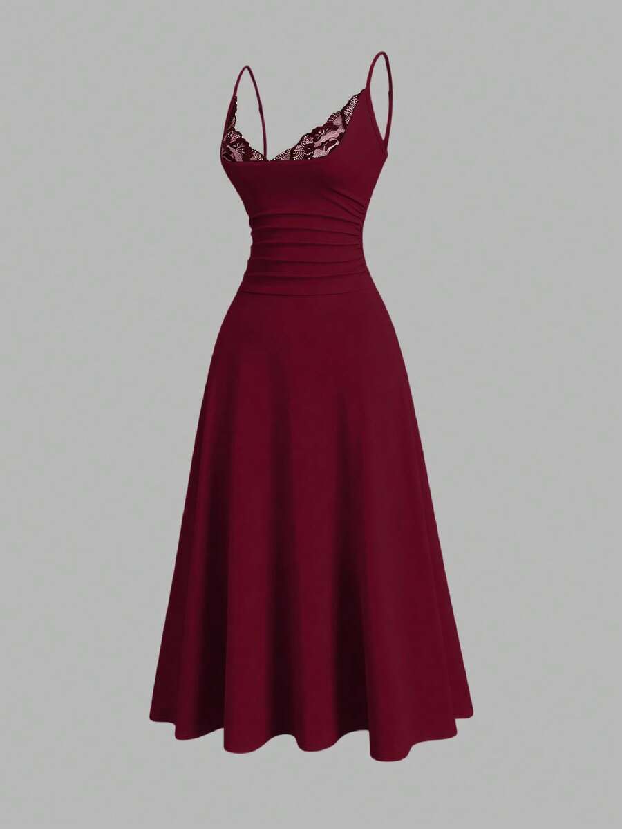 Apricot sleeveless lace patchwork midi dress for women with spaghetti straps and a high-waisted flared skirt.