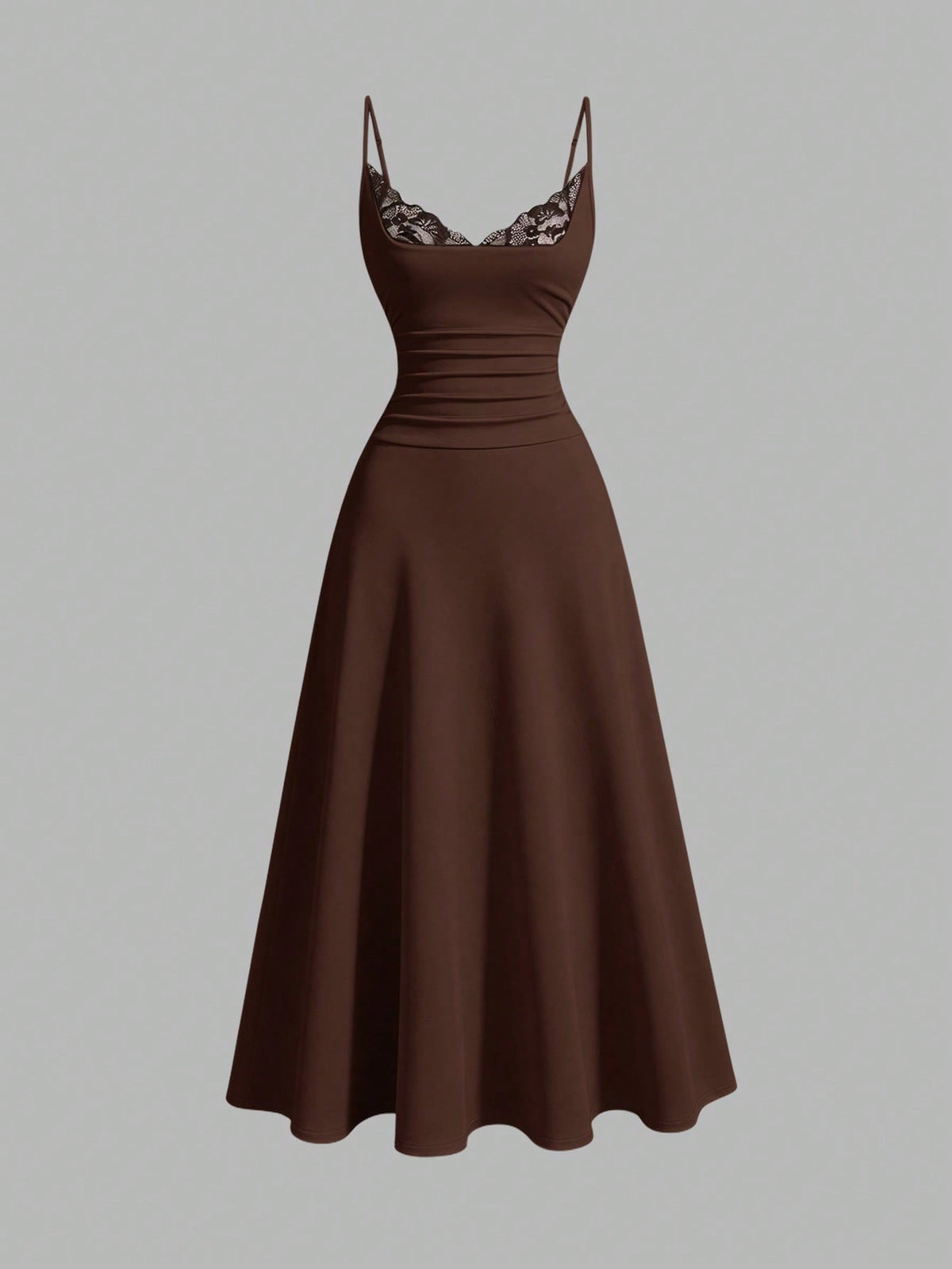 Apricot sleeveless lace patchwork midi dress for women with spaghetti straps and a high-waisted flared skirt.