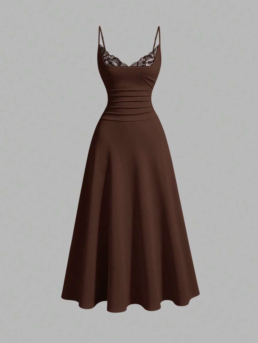 Apricot sleeveless lace patchwork midi dress for women with spaghetti straps and a high-waisted flared skirt.