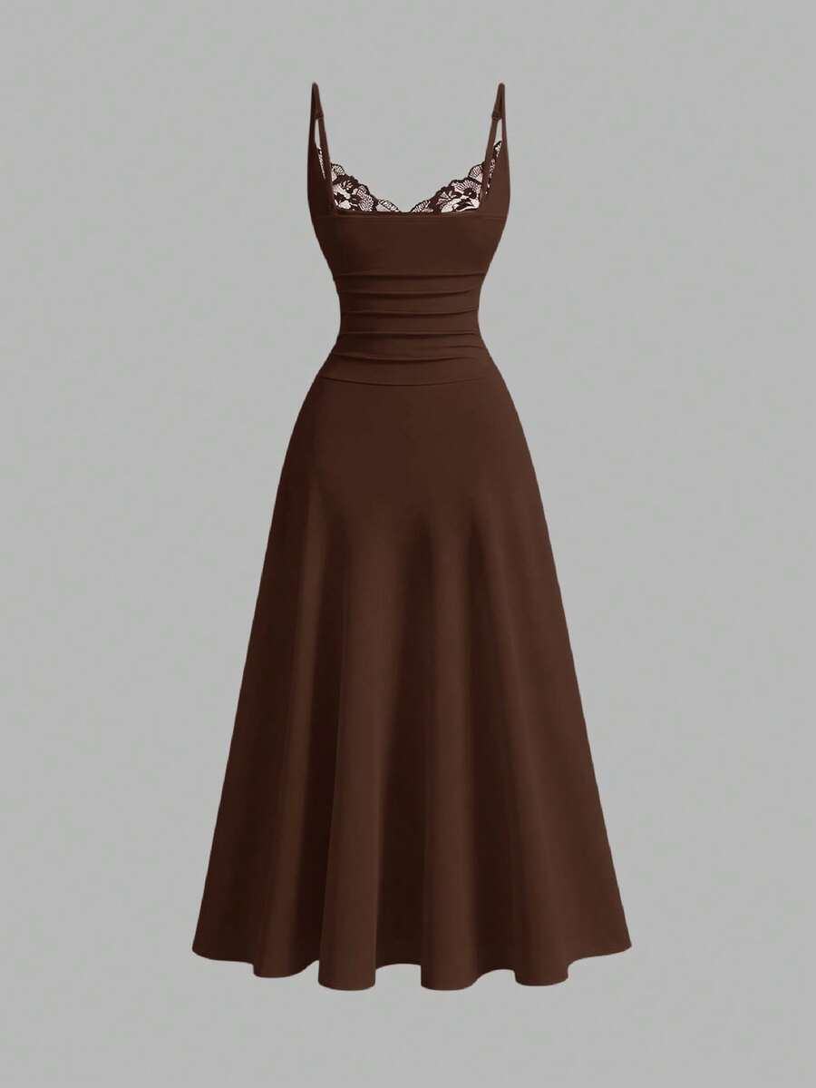 Apricot sleeveless lace patchwork midi dress for women with spaghetti straps and a high-waisted flared skirt.