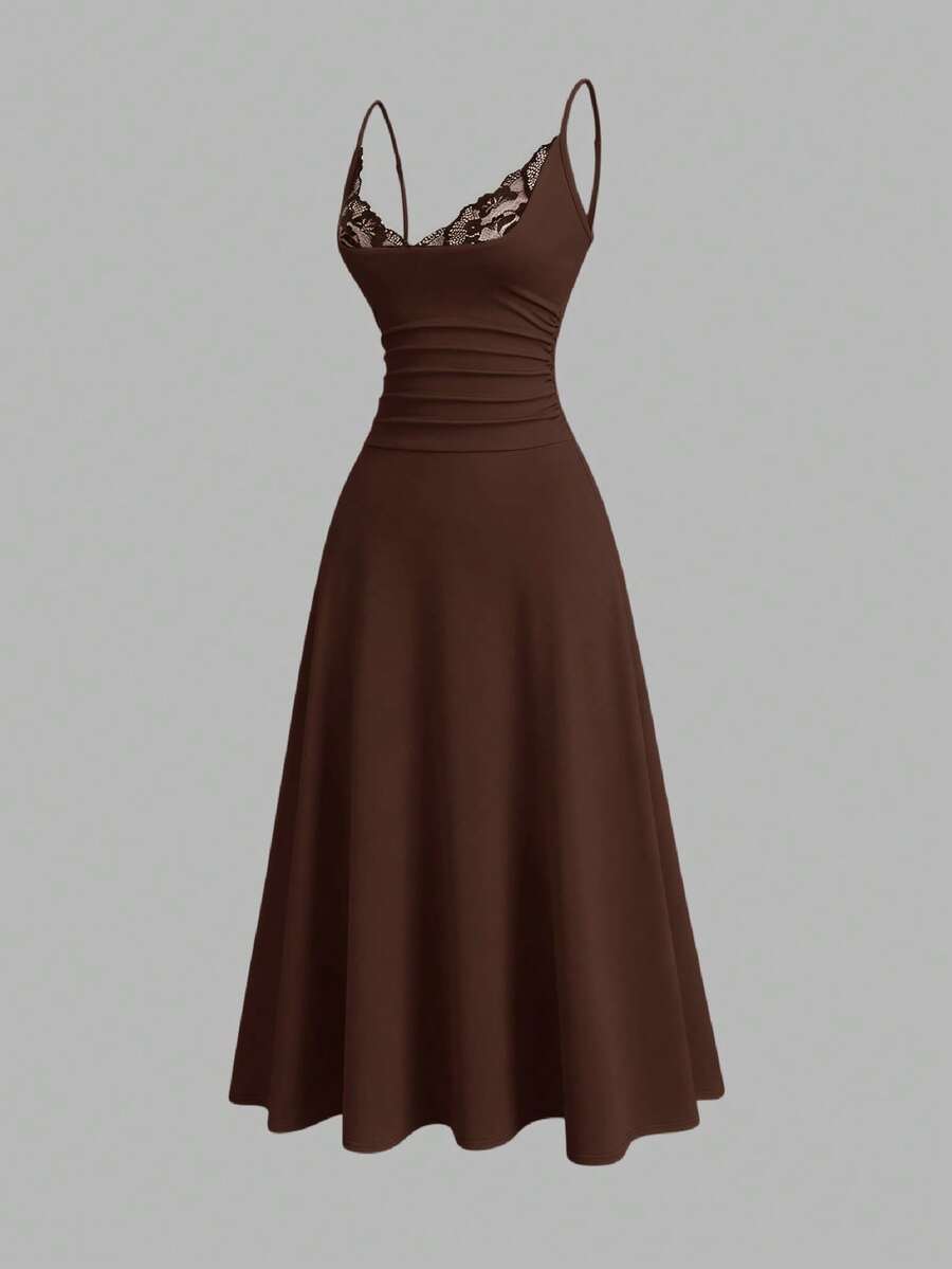 Apricot sleeveless lace patchwork midi dress for women with spaghetti straps and a high-waisted flared skirt.