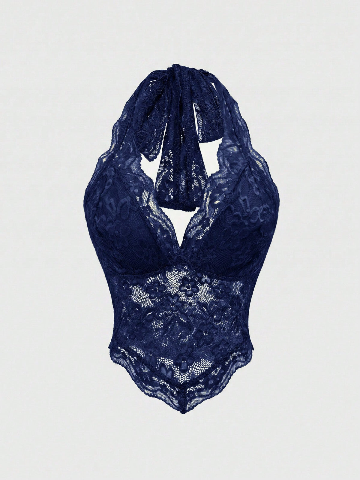 Women's black lace halter neck camisole featuring a backless crop silhouette, contrast lace trim, and scallop hem.