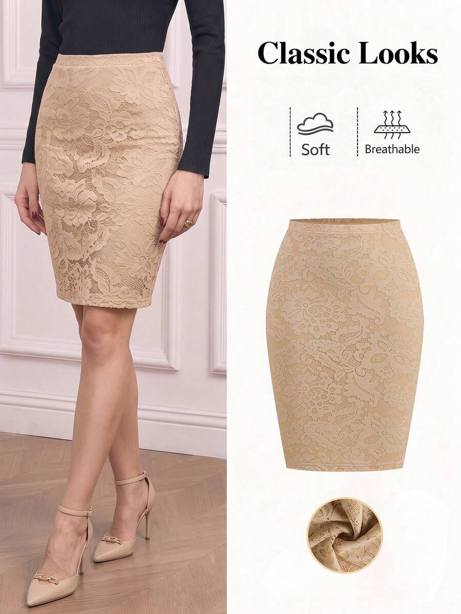 Women's high-waisted floral lace pencil skirt with knee-length cut and back split detail