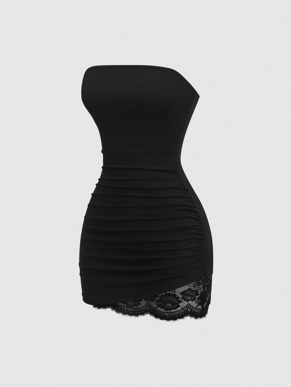 Black strapless bodycon mini dress for women featuring contrast lace patchwork and ruched asymmetrical detailing.
