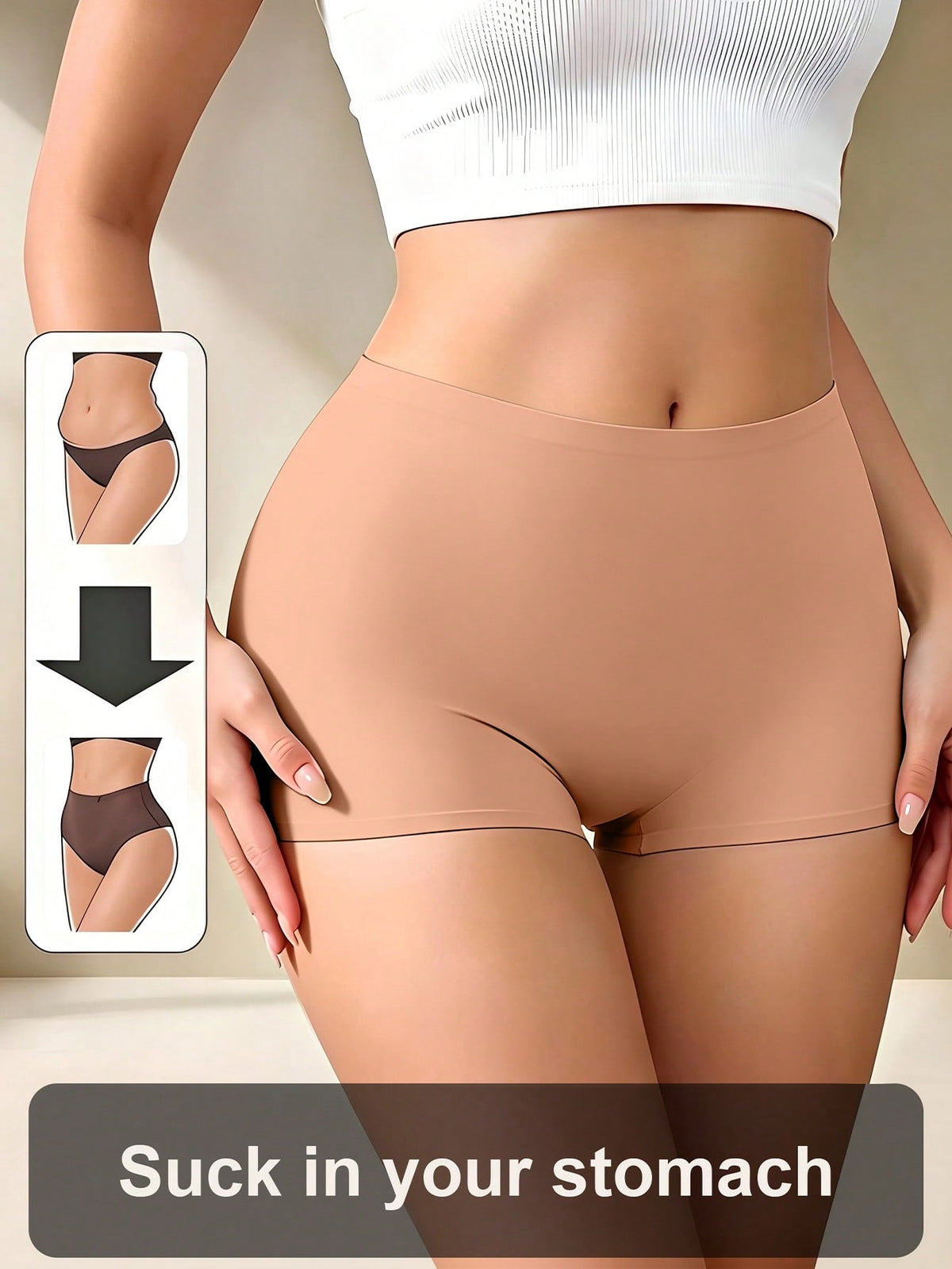 Women's black high stretch shapewear shorts with a mid waist fit and semi-sheer fabric.