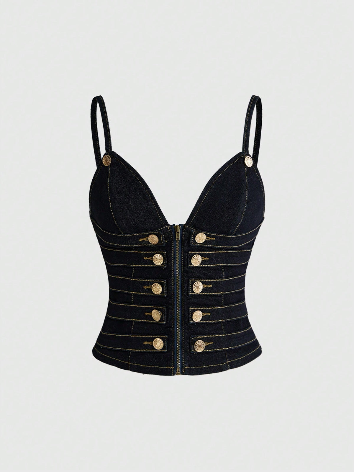 Women's blue fitted denim camisole top featuring metal buckle details, ruched cup design, zipper placket, and thin spaghetti straps.
