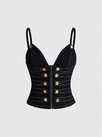 Women's blue fitted denim camisole top featuring metal buckle details, ruched cup design, zipper placket, and thin spaghetti straps.