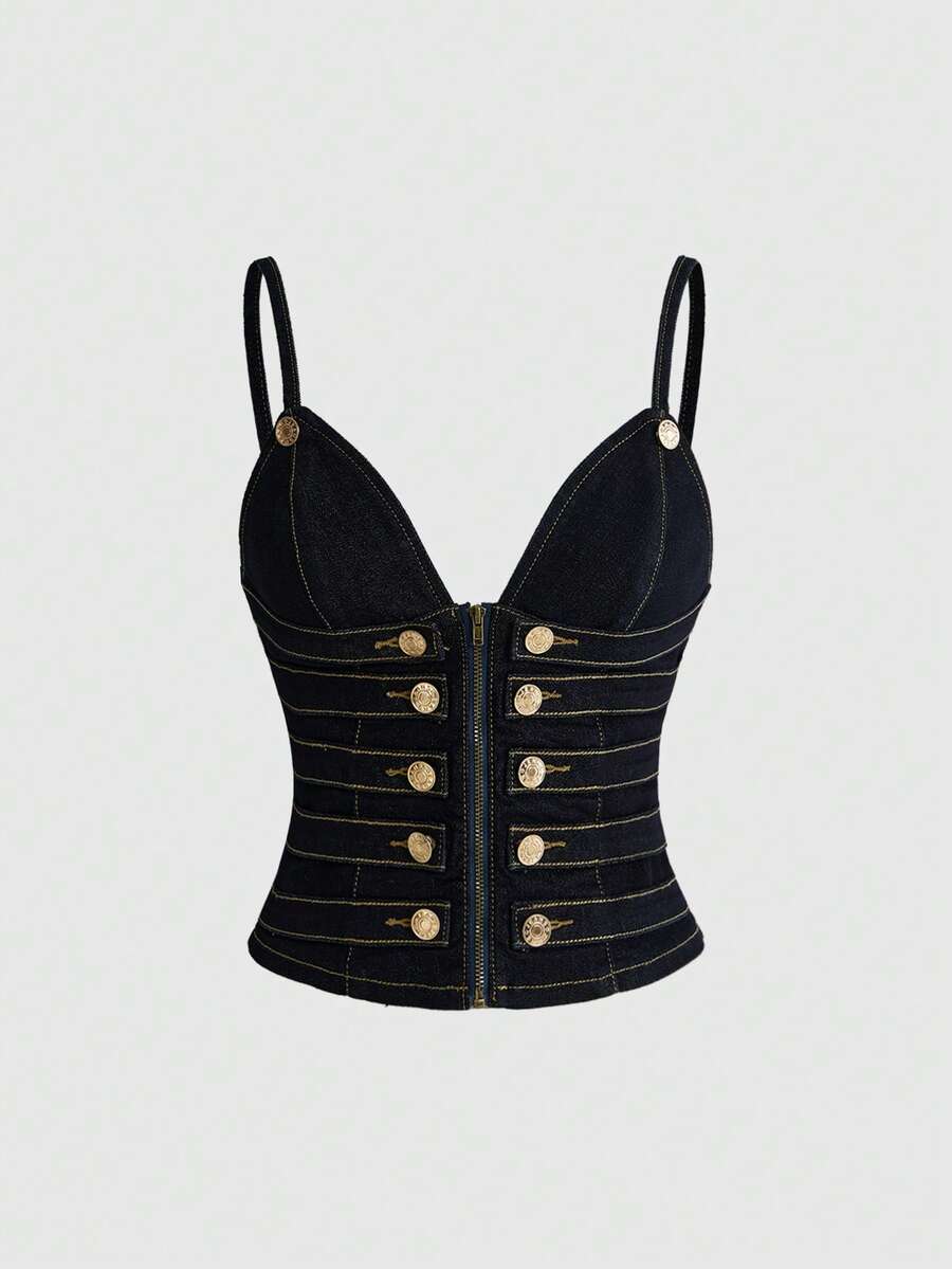 Women's blue fitted denim camisole top featuring metal buckle details, ruched cup design, zipper placket, and thin spaghetti straps.