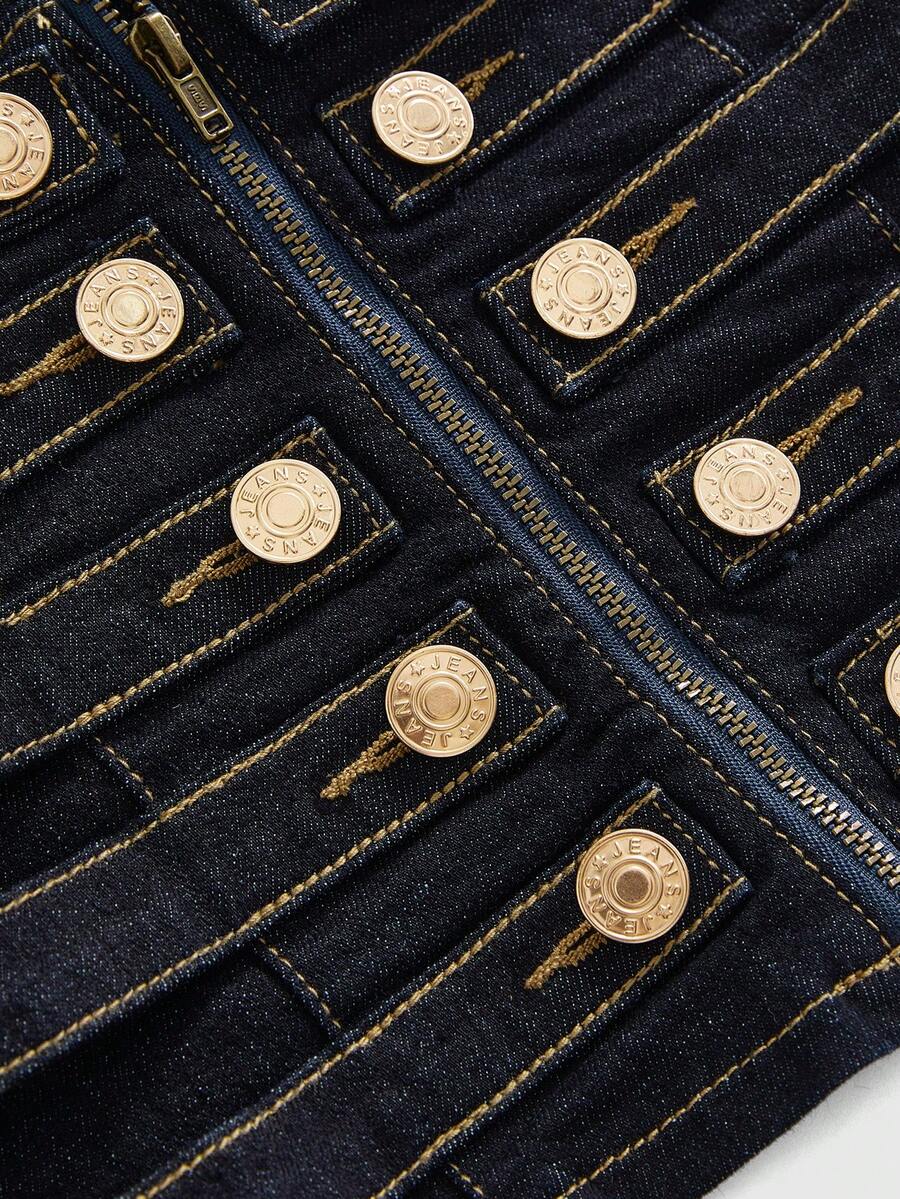 Women's blue fitted denim camisole top featuring metal buckle details, ruched cup design, zipper placket, and thin spaghetti straps.