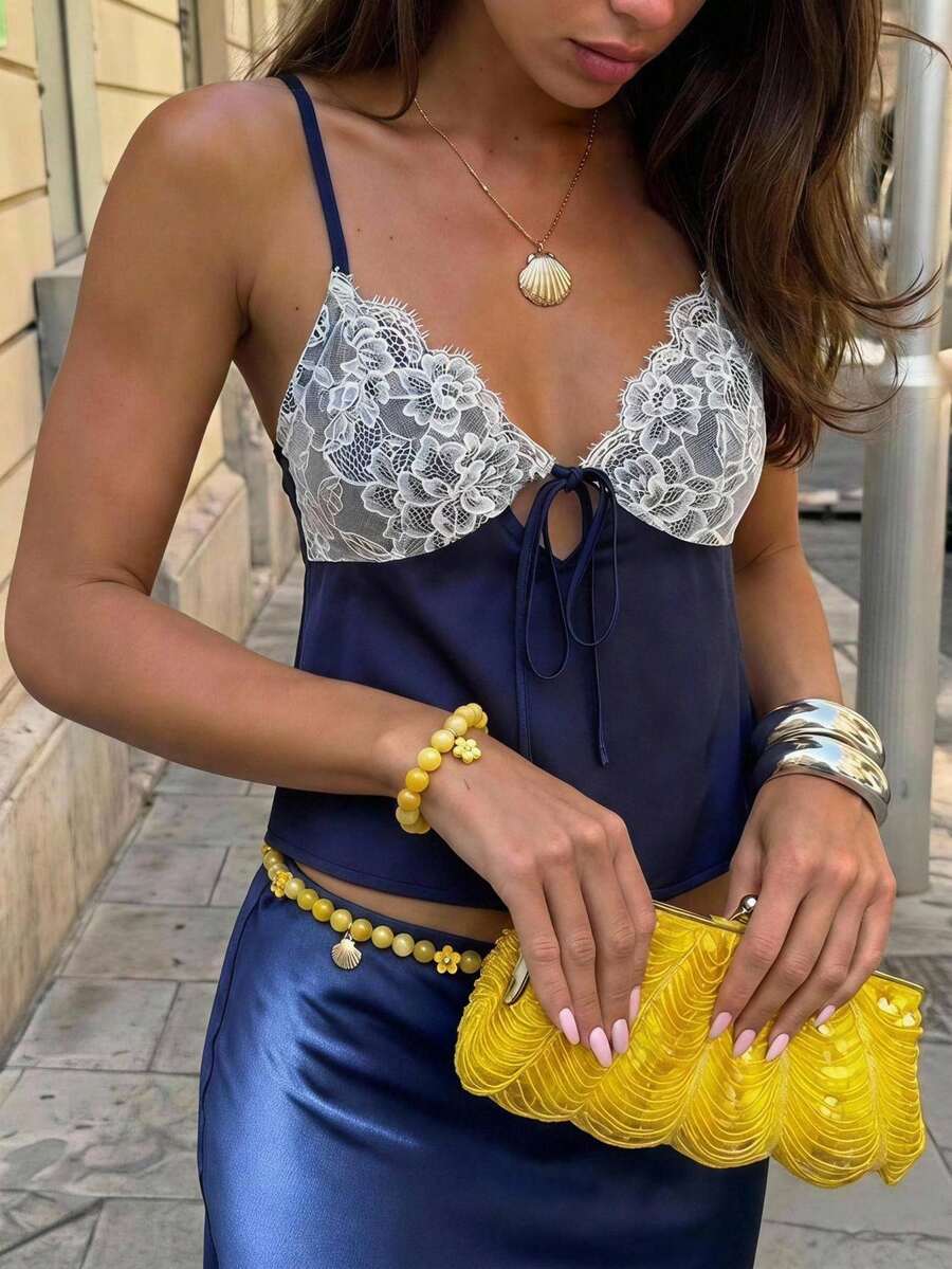 Women's slim fit lace patchwork camisole top with spaghetti straps
