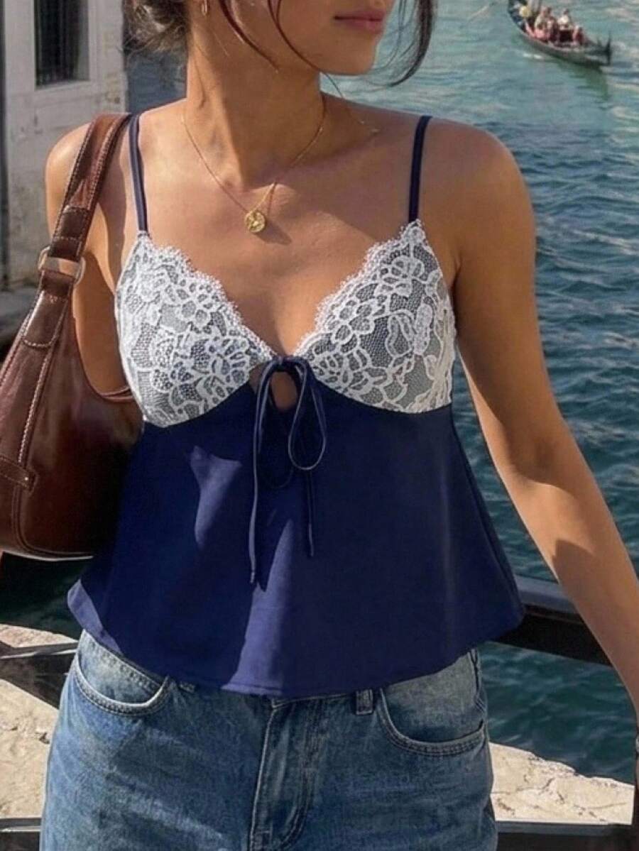Women's slim fit lace patchwork camisole top with spaghetti straps