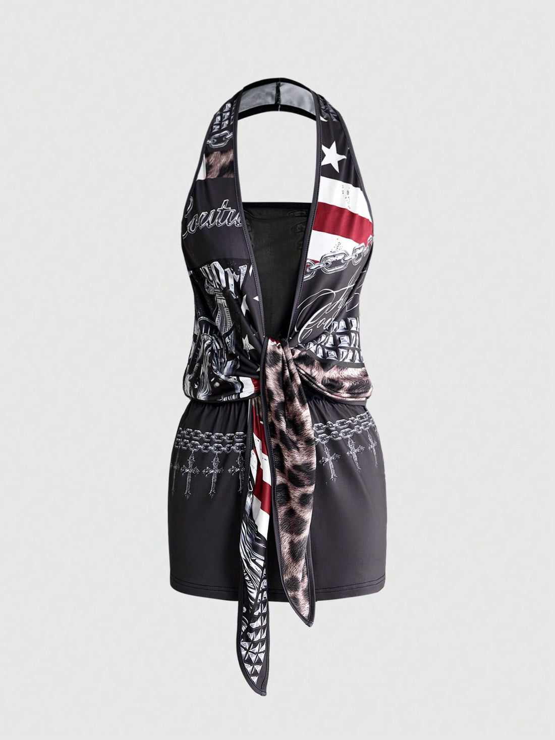 Multicolor halter neck bodycon mini dress for women featuring a backless knot design and graphic star print.
