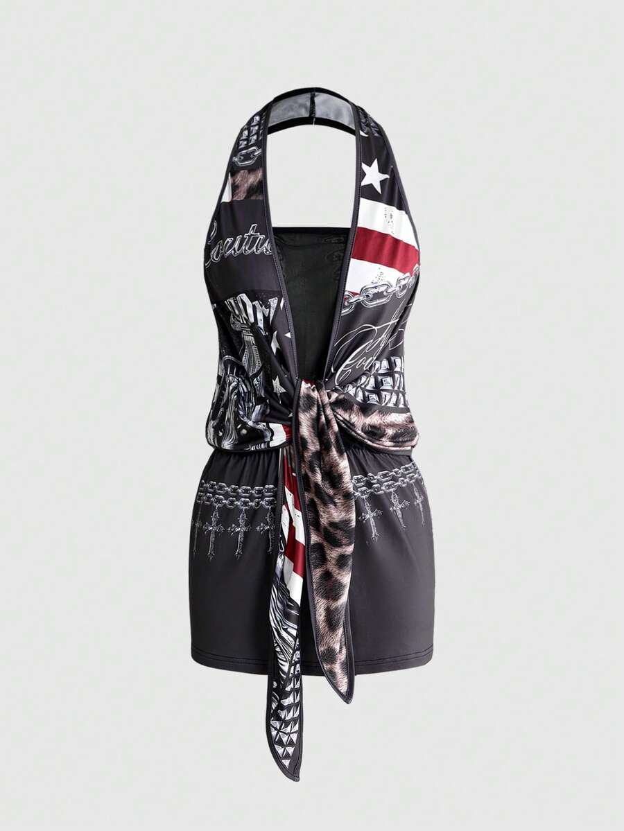 Multicolor halter neck bodycon mini dress for women featuring a backless knot design and graphic star print.