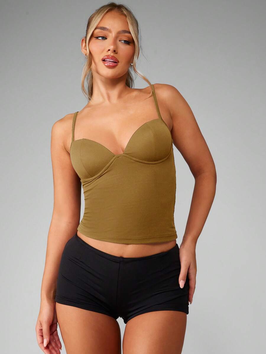 Women’s plain backless cami top with spaghetti straps and a slim fit, designed in high-stretch knitted fabric for casual beach and vacation wear.