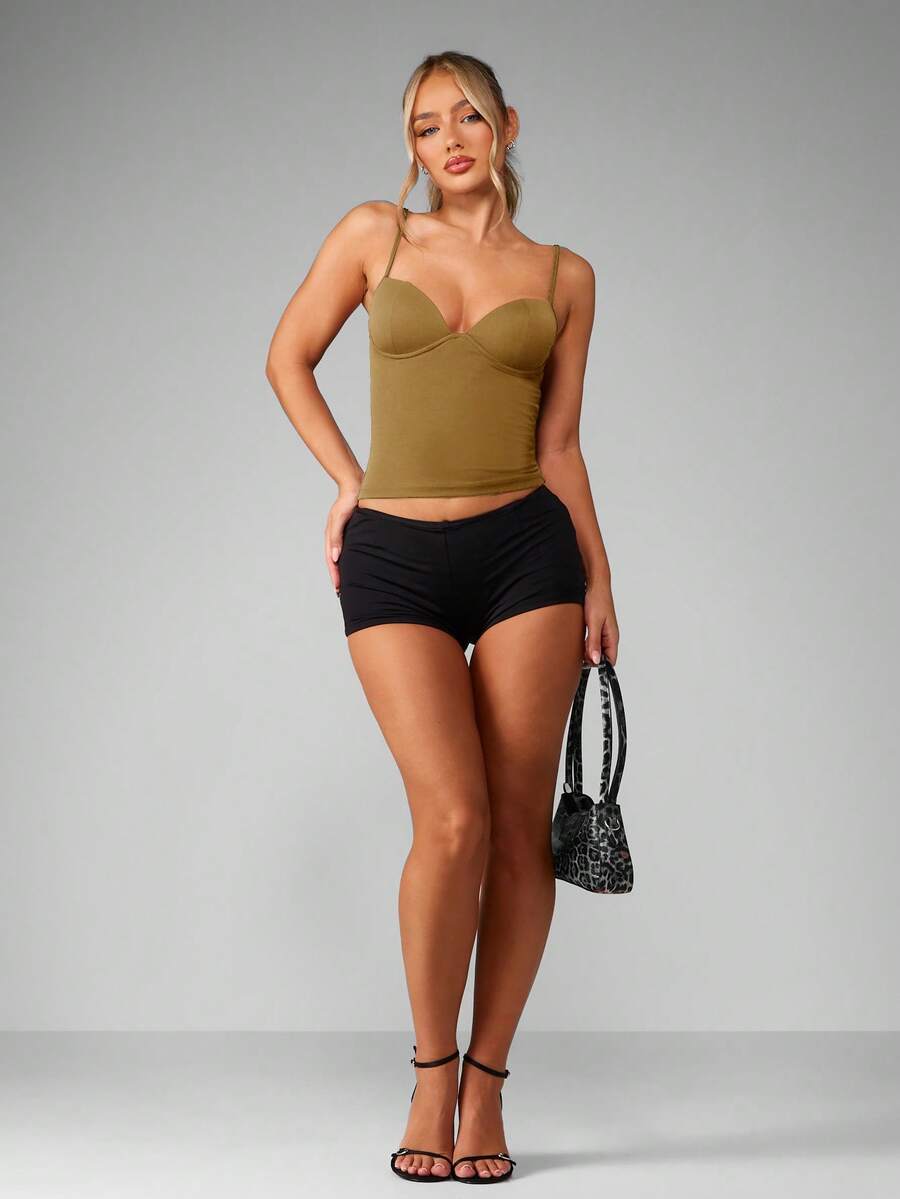 Women’s plain backless cami top with spaghetti straps and a slim fit, designed in high-stretch knitted fabric for casual beach and vacation wear.