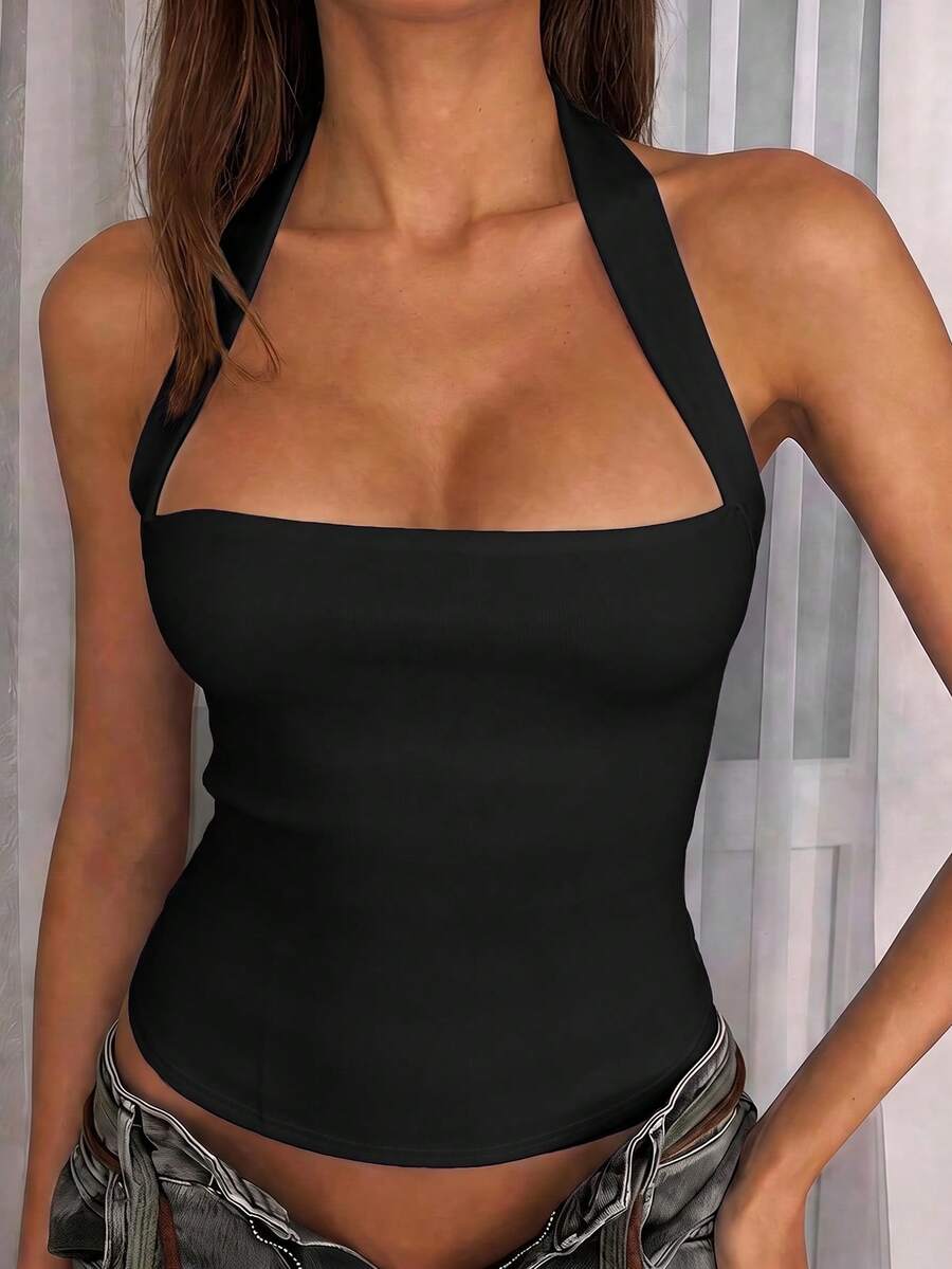Women's striped halter camisole top featuring a backless design in knitted fabric