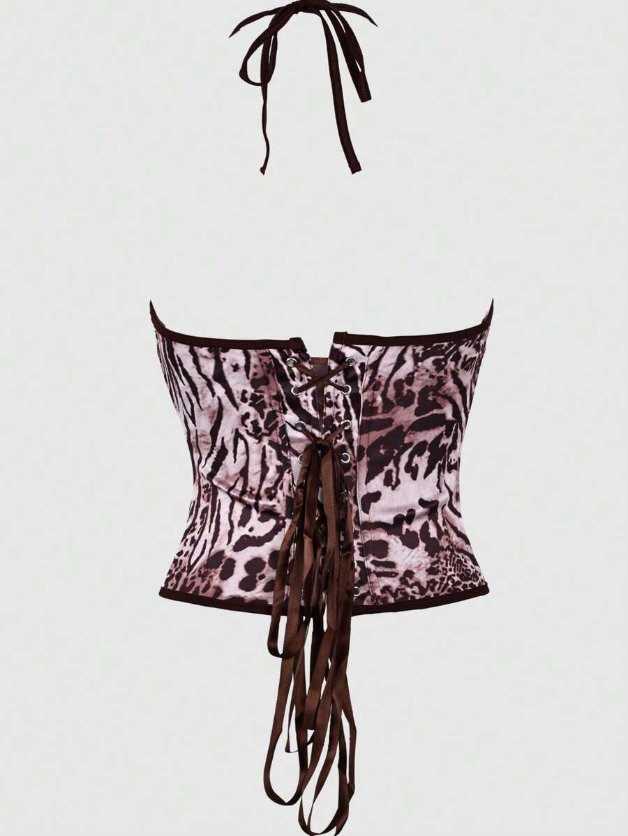 Black satin corset camisole crop top for women with halter neckline, front hook closure, back lace-up detail, and boned waist shaping.