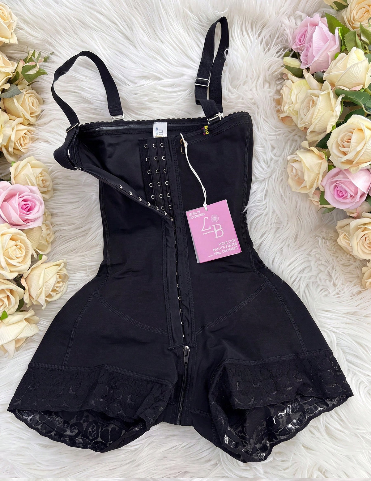 Apricot tummy control shapewear bodysuit for women featuring contrast mesh details, front zipper, and strong support knitwear material.