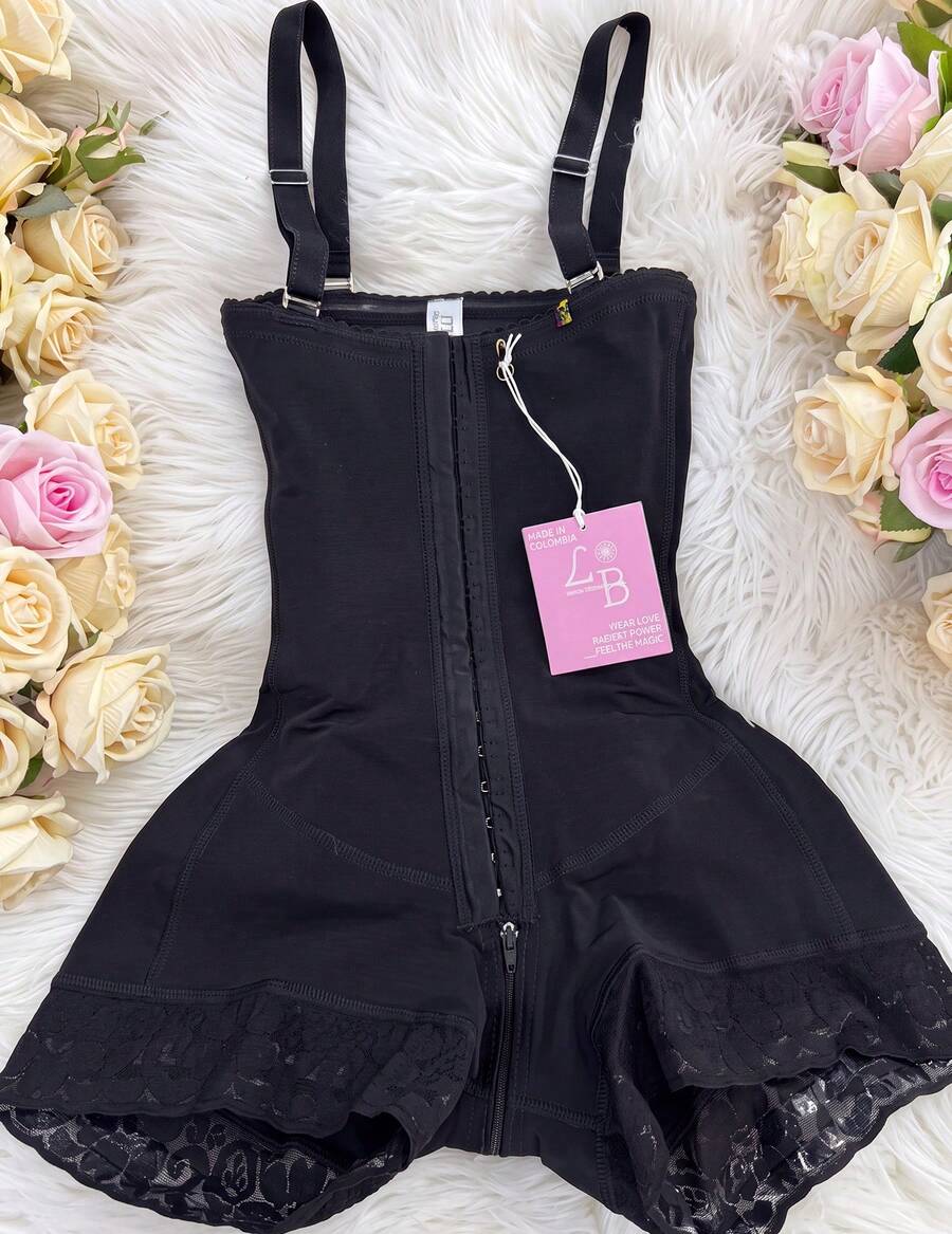 Apricot tummy control shapewear bodysuit for women featuring contrast mesh details, front zipper, and strong support knitwear material.
