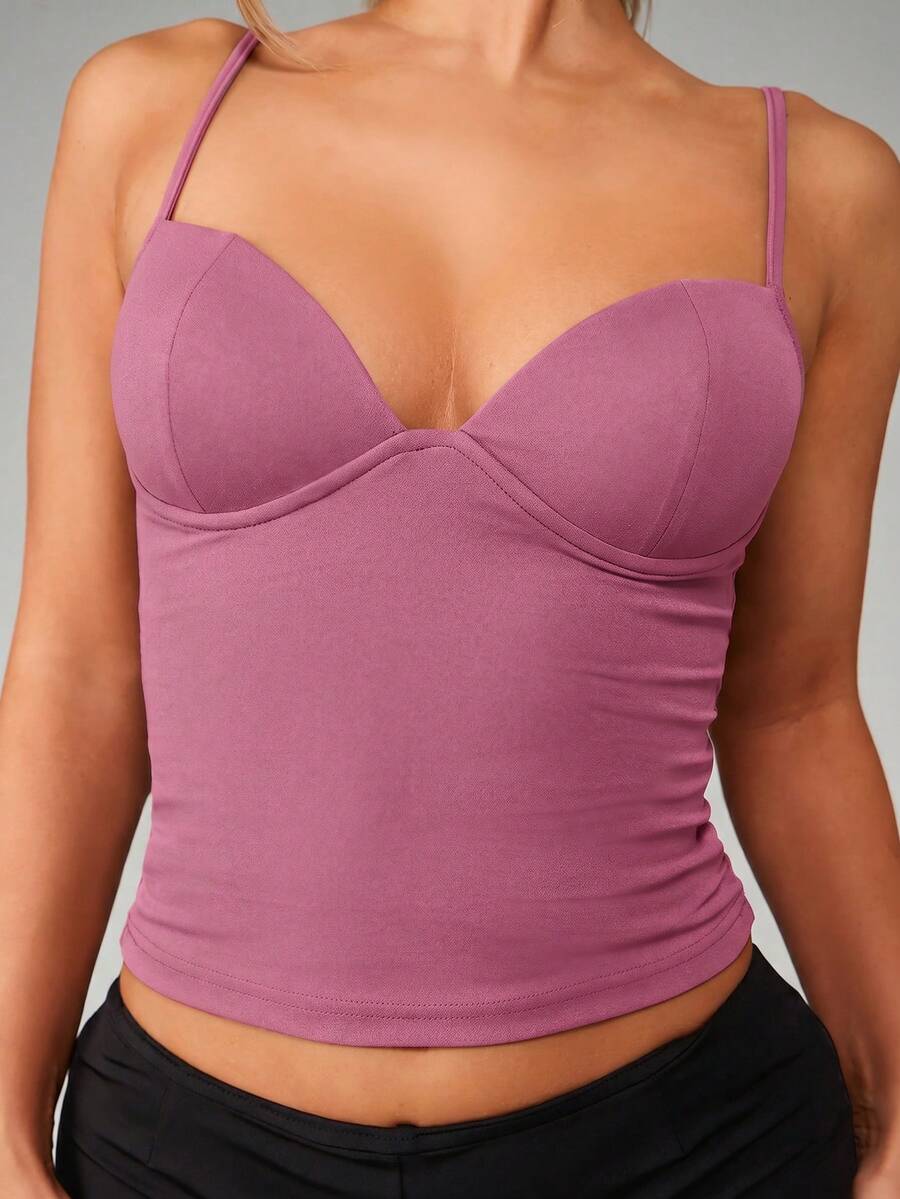 Women’s plain backless cami top with spaghetti straps and a slim fit, designed in high-stretch knitted fabric for casual beach and vacation wear.
