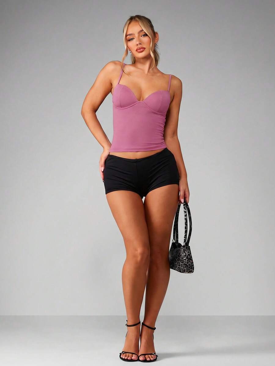 Women’s plain backless cami top with spaghetti straps and a slim fit, designed in high-stretch knitted fabric for casual beach and vacation wear.