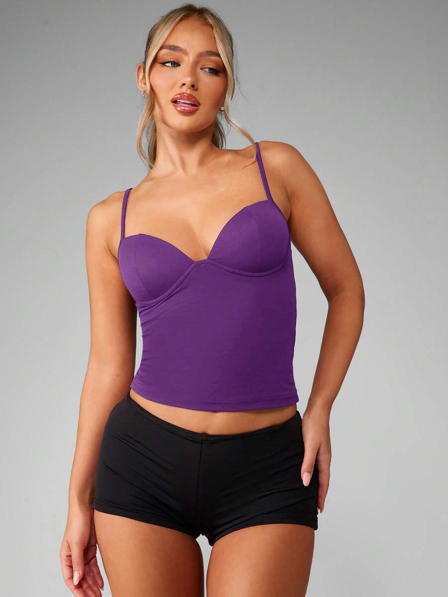 Women’s plain backless cami top with spaghetti straps and a slim fit, designed in high-stretch knitted fabric for casual beach and vacation wear.