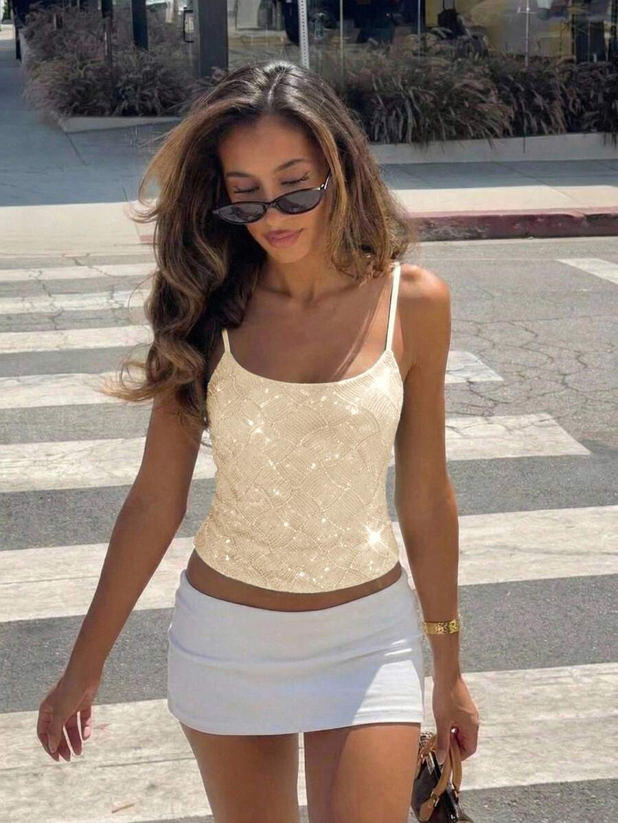 Women's sequin camisole top with spaghetti straps and a 3D rose embellishment