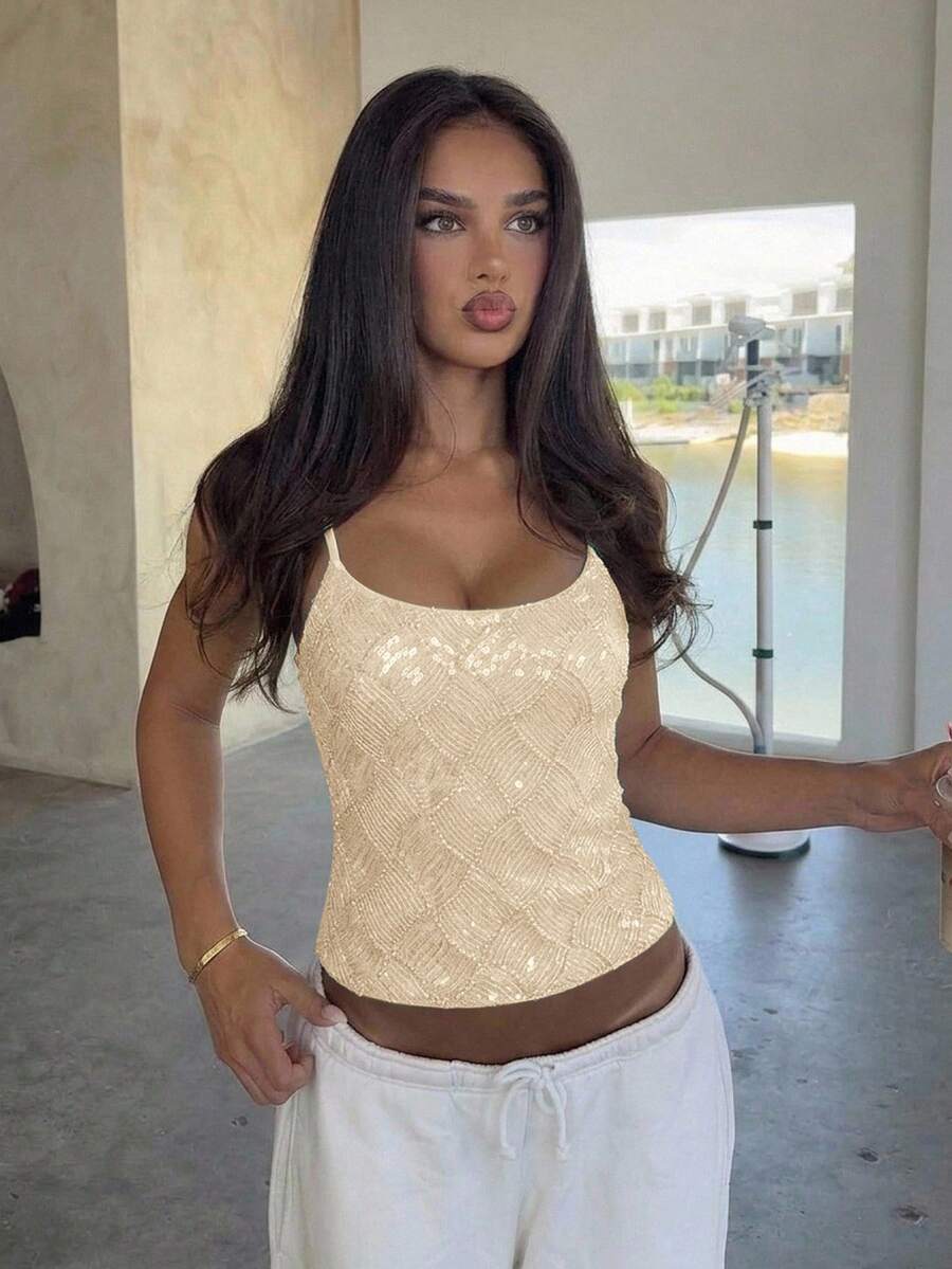 Women's sequin camisole top with spaghetti straps and a 3D rose embellishment