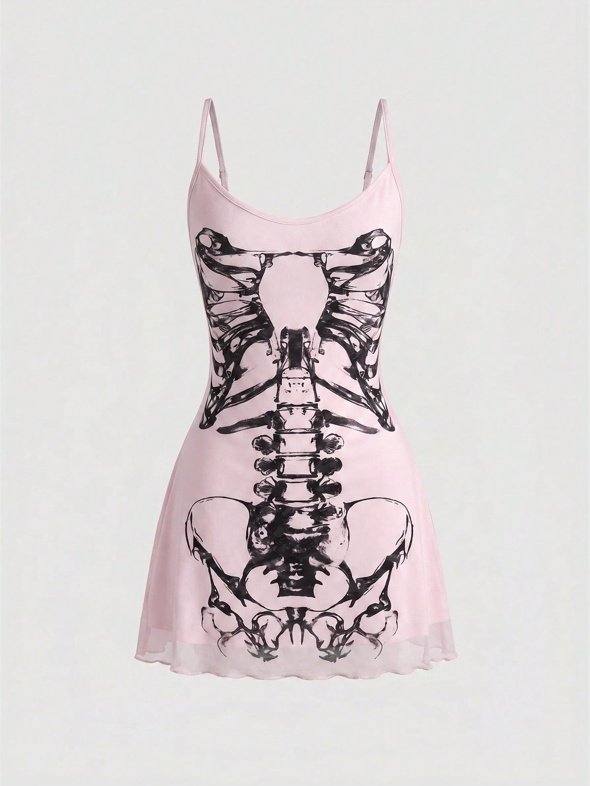 Women's black Gothic skeleton print mesh cami mini dress featuring ruched details, lettuce trim, and thin spaghetti straps.