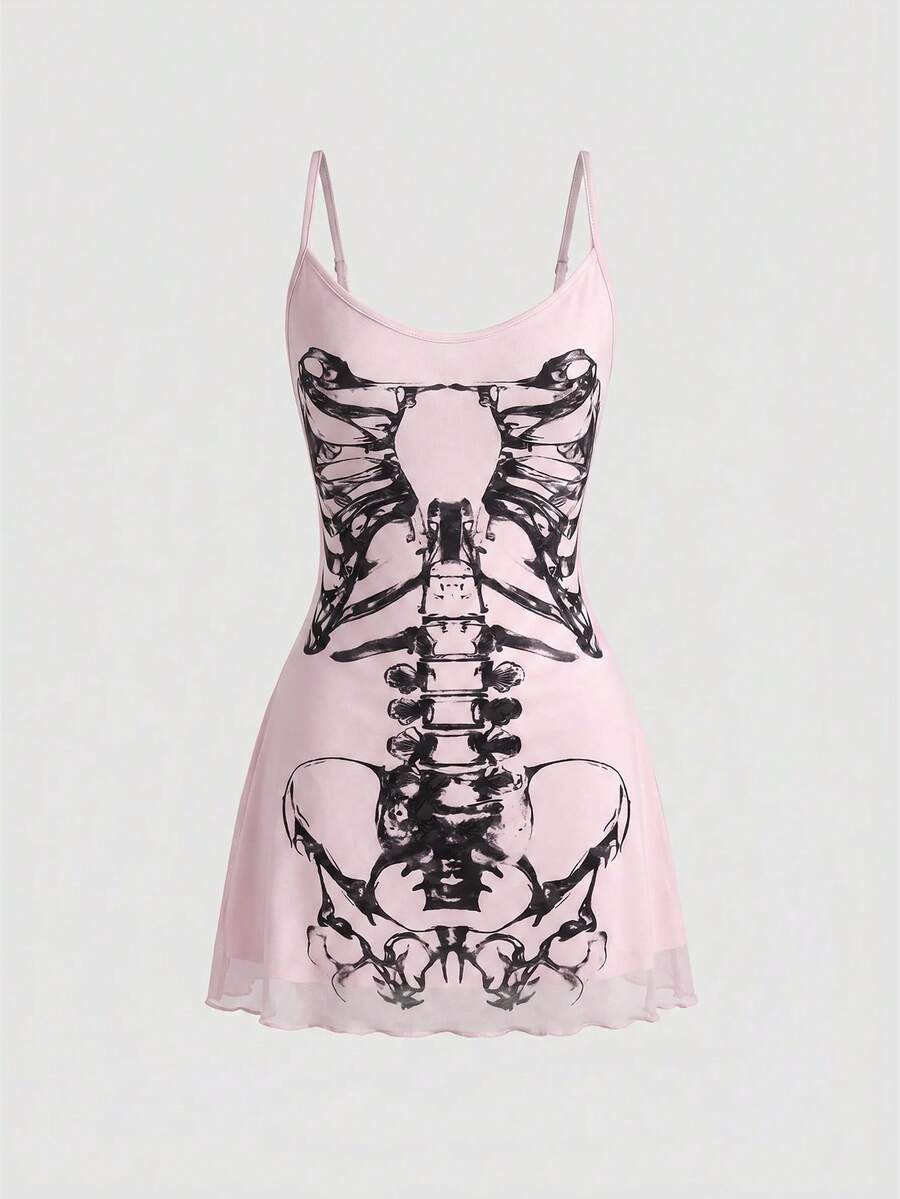 Women's black Gothic skeleton print mesh cami mini dress featuring ruched details, lettuce trim, and thin spaghetti straps.