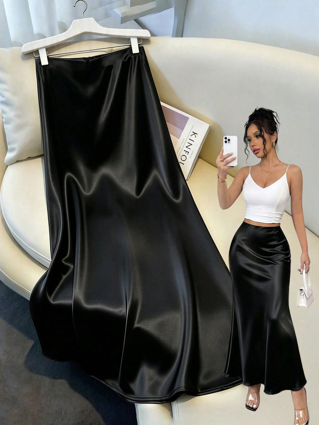 Women's elegant black A-line long skirt featuring a plain woven fabric, regular fit, natural mid-waist style, and flared hem design suitable for formal and evening wear.