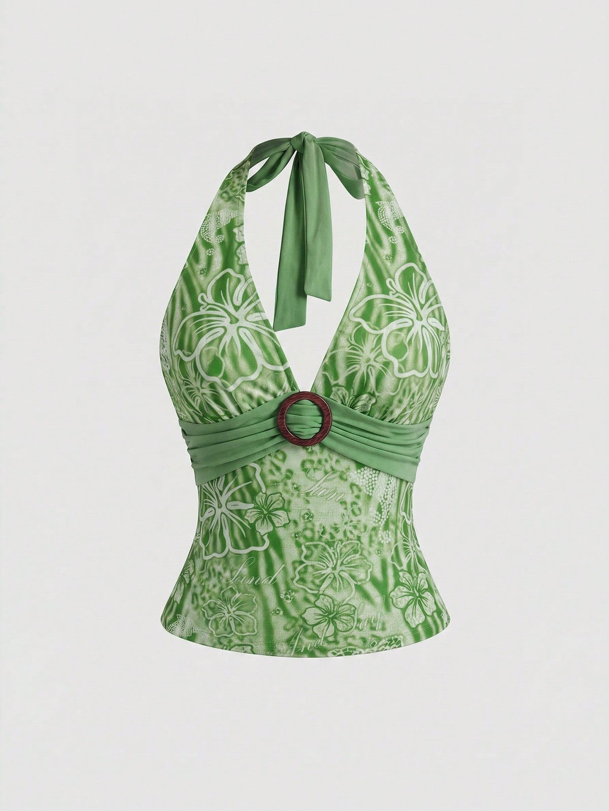 Women's pink tropical hibiscus print halter top featuring contrast lace trim and a slim fit silhouette.