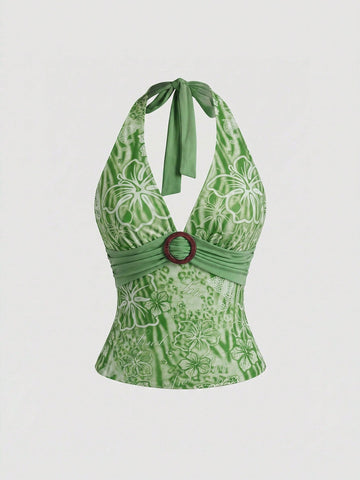 Women's pink tropical hibiscus print halter top featuring contrast lace trim and a slim fit silhouette.