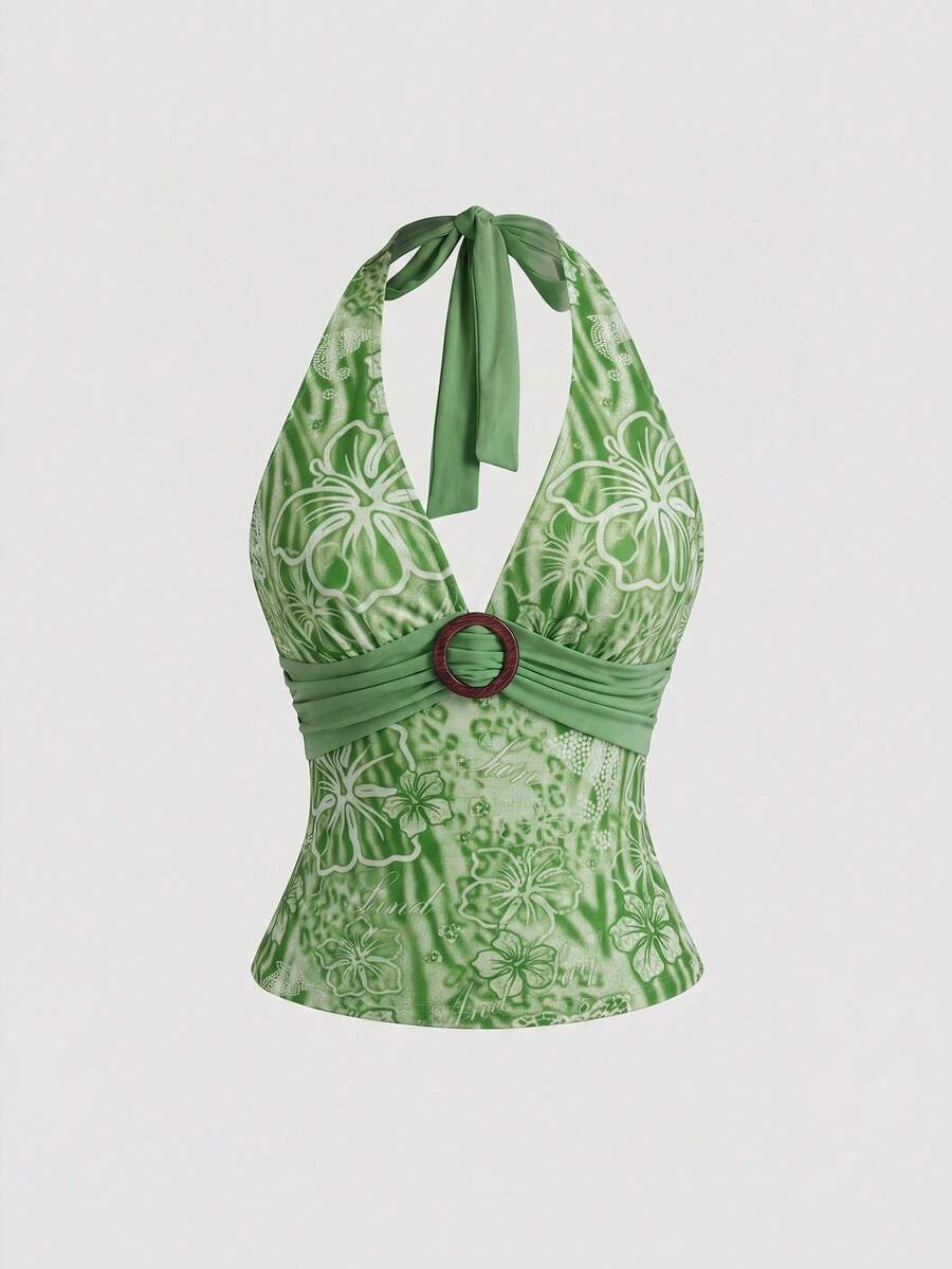 Women's pink tropical hibiscus print halter top featuring contrast lace trim and a slim fit silhouette.