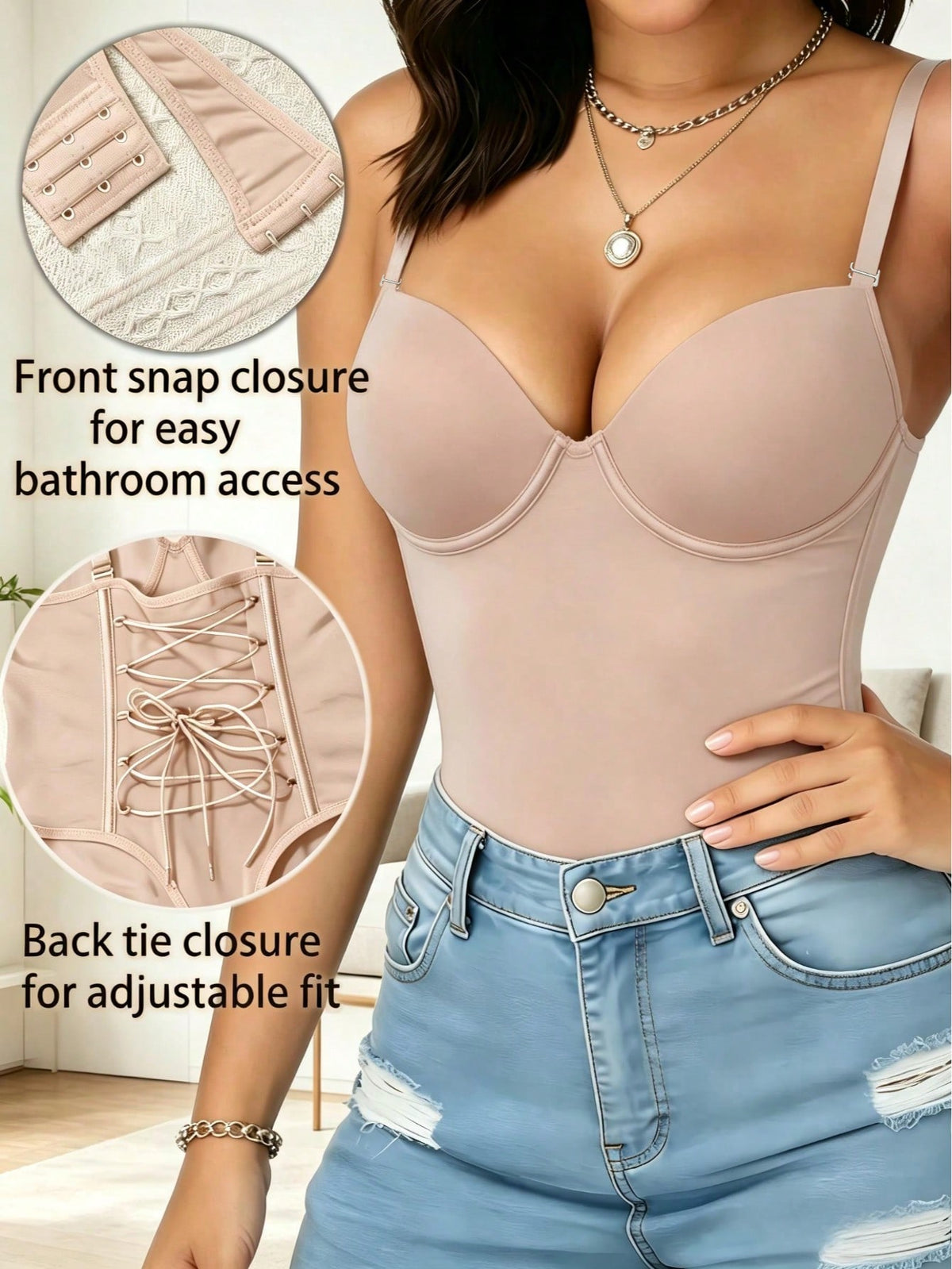 Black shapewear bodysuit for women featuring a built-in push-up bra, back tie, zipper closure, and Bermuda shorts length.