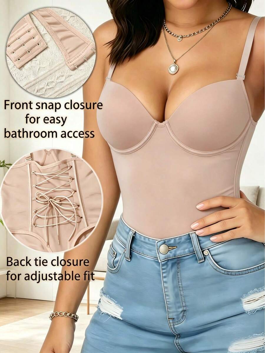 Black shapewear bodysuit for women featuring a built-in push-up bra, back tie, zipper closure, and Bermuda shorts length.