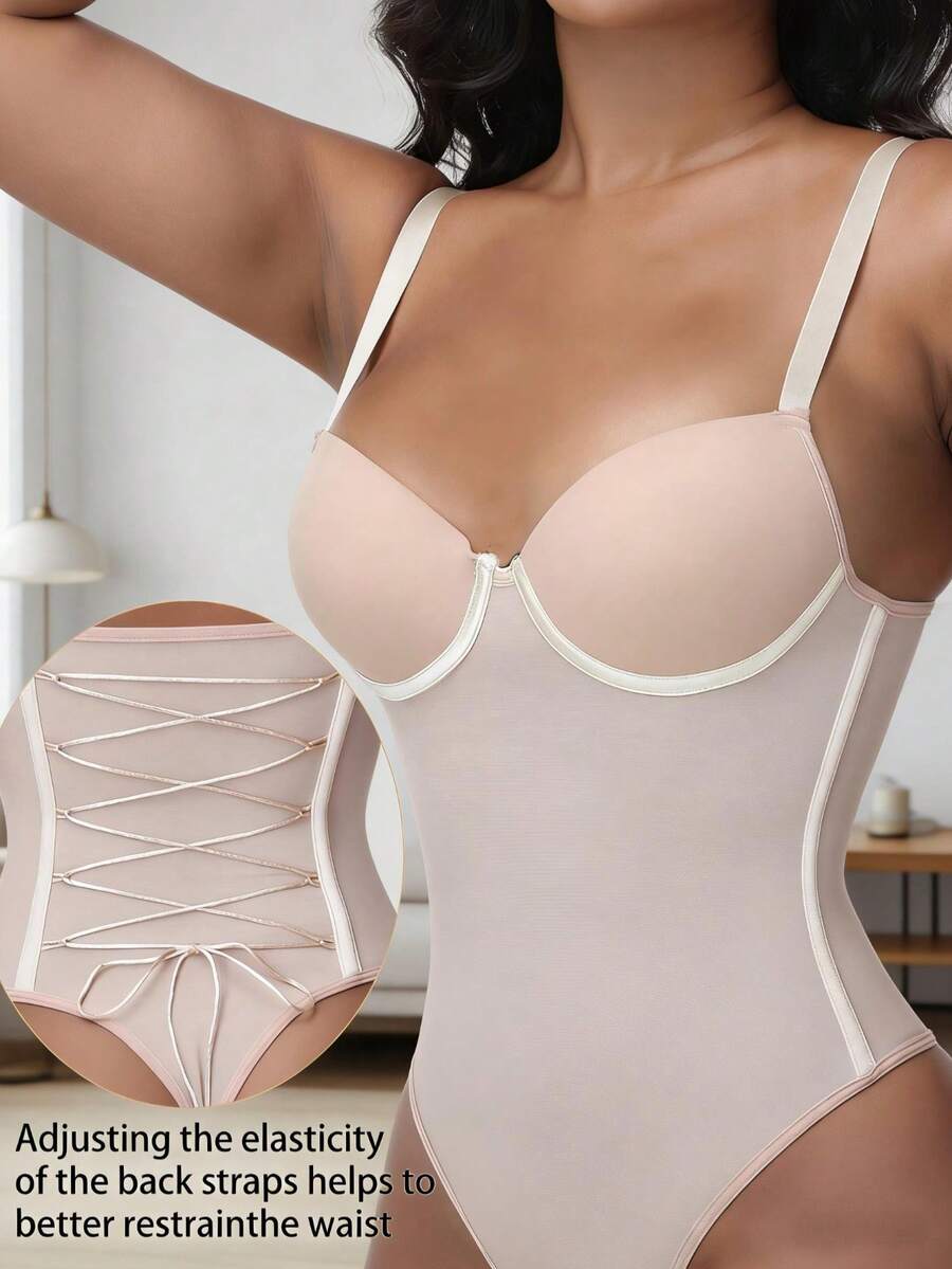 Black shapewear bodysuit for women featuring a built-in push-up bra, back tie, zipper closure, and Bermuda shorts length.