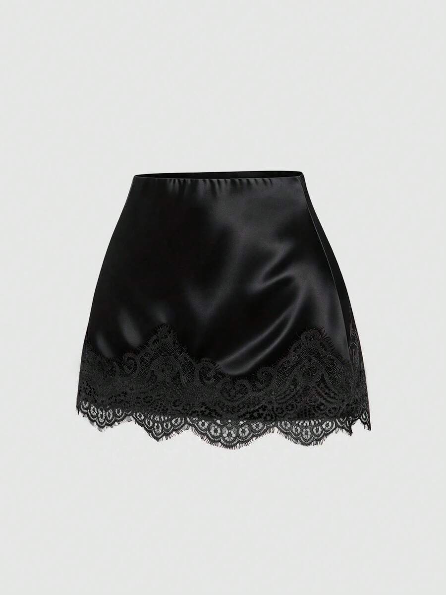 Women's short skirt with contrast lace trim featuring a mid-waist regular fit.